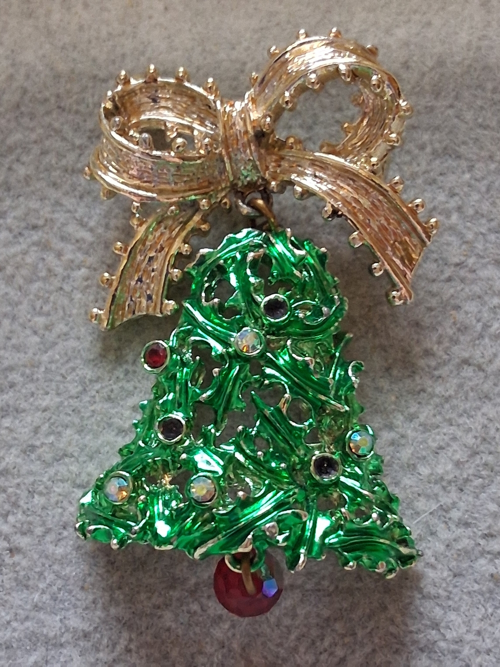 Gold Ribbon & Green Enamel Bell Brooch with Crystal Accents